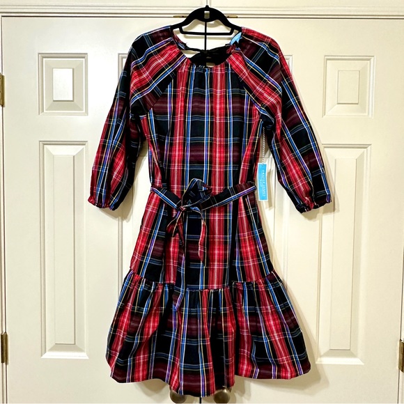 NWT Draper James 3/4 Sleeved Red Plaid Tiered Open Bow Back Dress Size Small - Picture 3 of 10